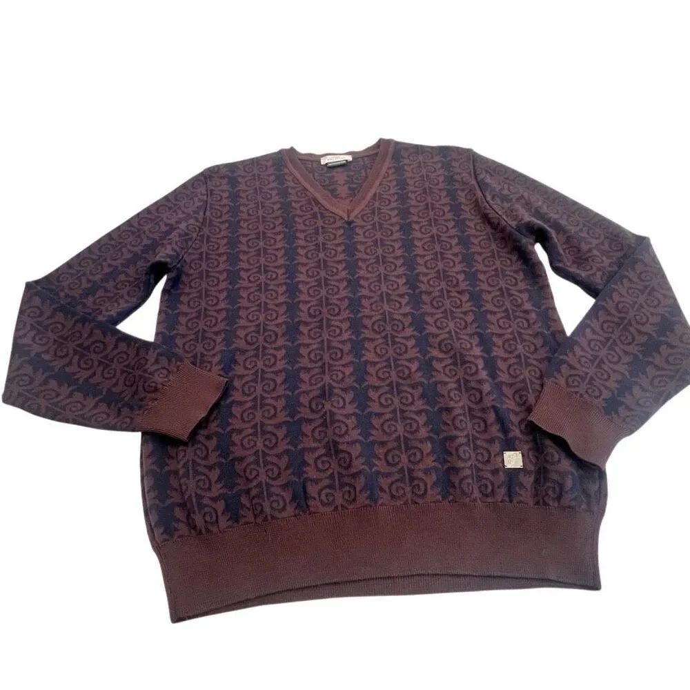 Versace Collection Men's V-Neck Long Sleeve Pullover Sweater Brown Navy Large